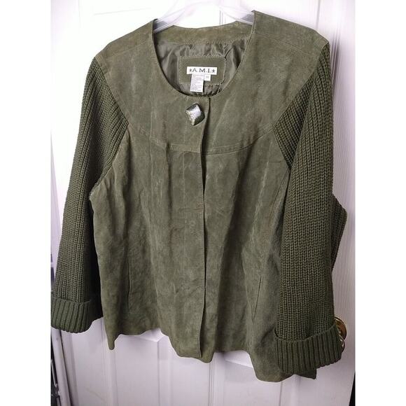 A.M.I. Woman 2X Jacket/ Sweater Green Snap 100 Leather Front Pocket Lined - Picture 2 of 12